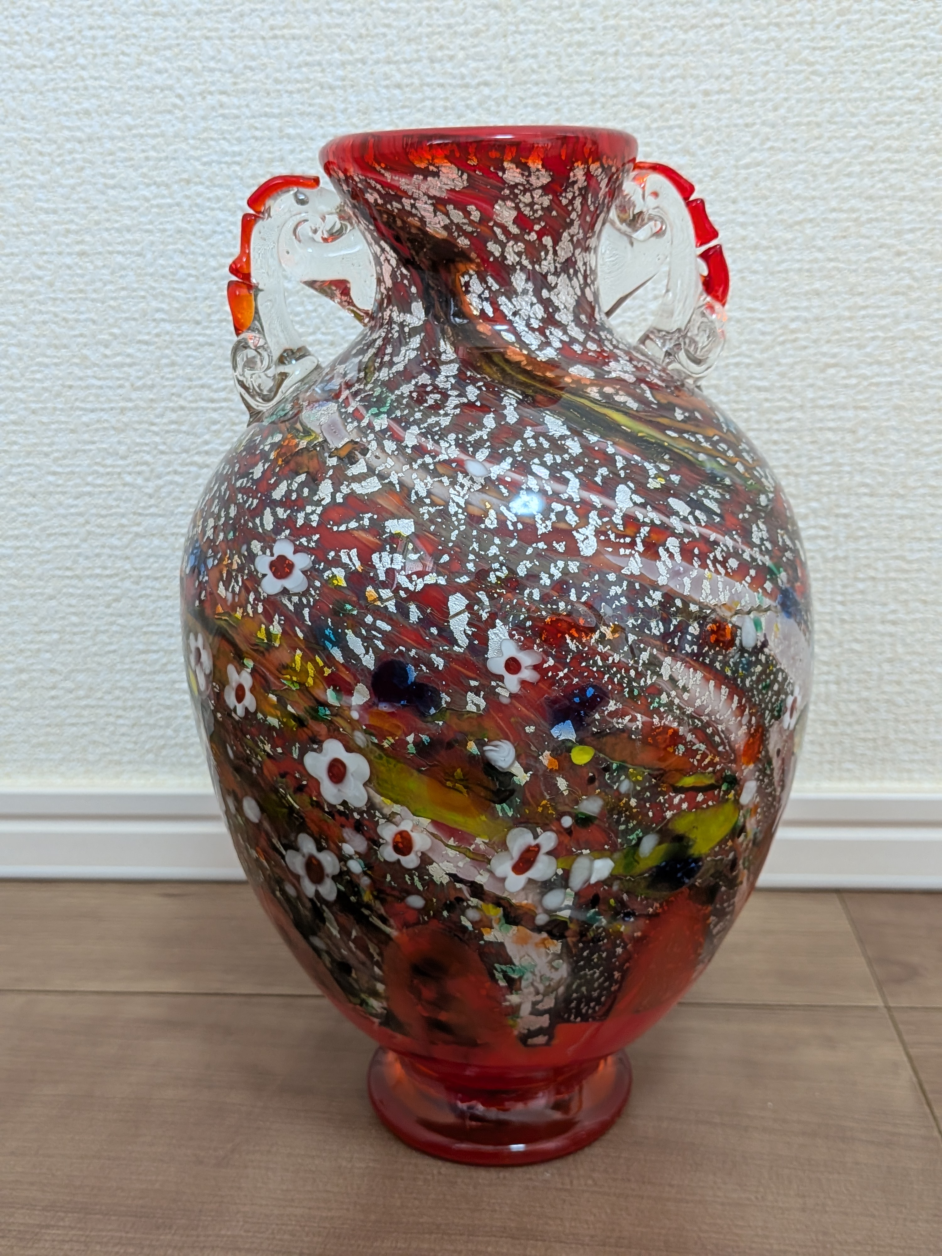 Authentic Italian Murano Art Glass Collection: Master Stefano Toso (S. Toso) - Venetian Tutti Frutti & Silver Leaf Amphora Vase, Vaso a Anfora - image 1