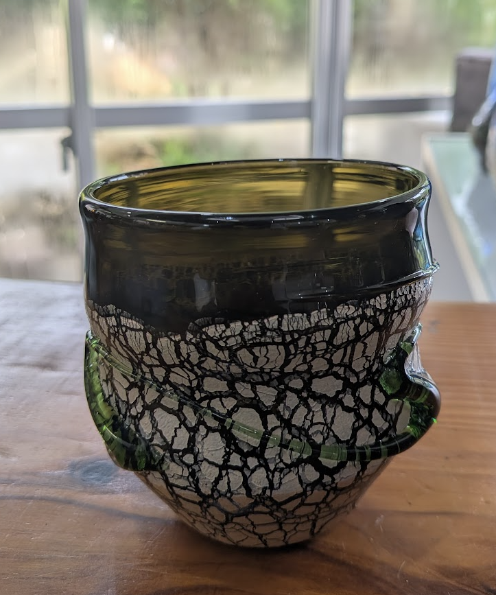 Okinawan Ryukyu Hand-Blown Glass Collection: Master Crafstman Kazuha Miyaguni (宮國 一羽) - Volcanic Olive & Emerald Crackle Glass Cup (宙吹ガラス) - image 1