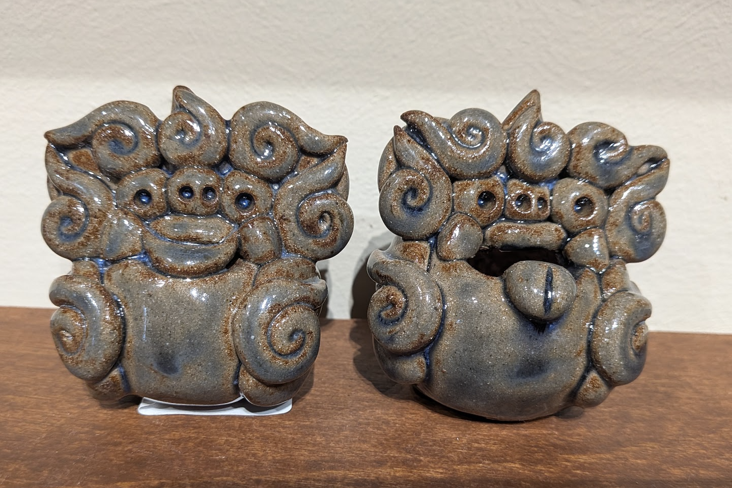 Okinawan Ryukyu Yachimun Collection: Female Artisan Kyoko Miyagi (宮城 京子) - Handcrafted Whimsical Blue-Slate Glazed Shisa Guardian Pair (シーサー) - image 1