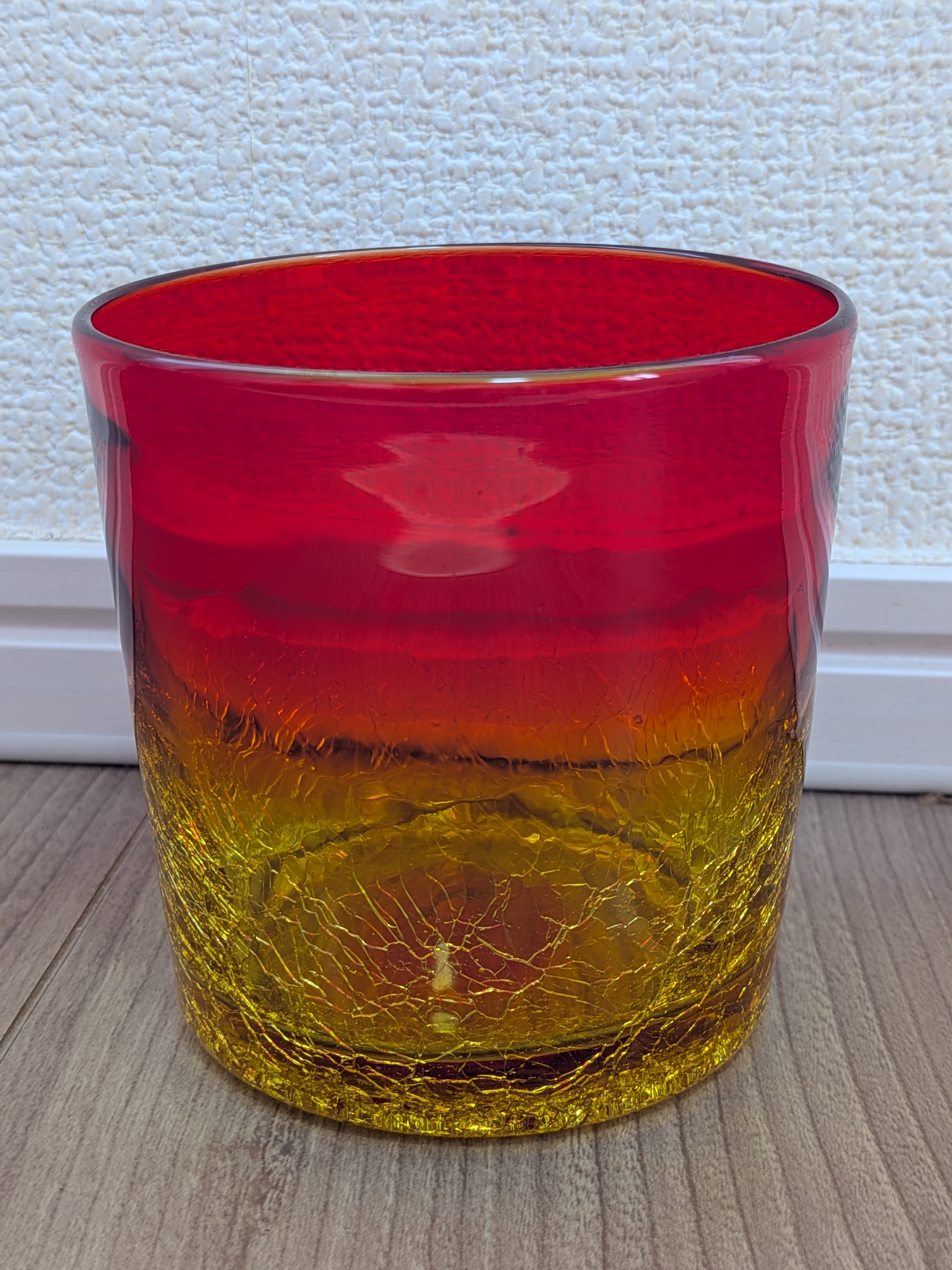 Okinawan Ryukyu Hand-Blown Glass Collection: Inamine Family Studio Artisan Shoichi Inamine (稲嶺 尚), Ruby & Amber Flame Crackle Rock Cup - 宙吹ガラス - image 1