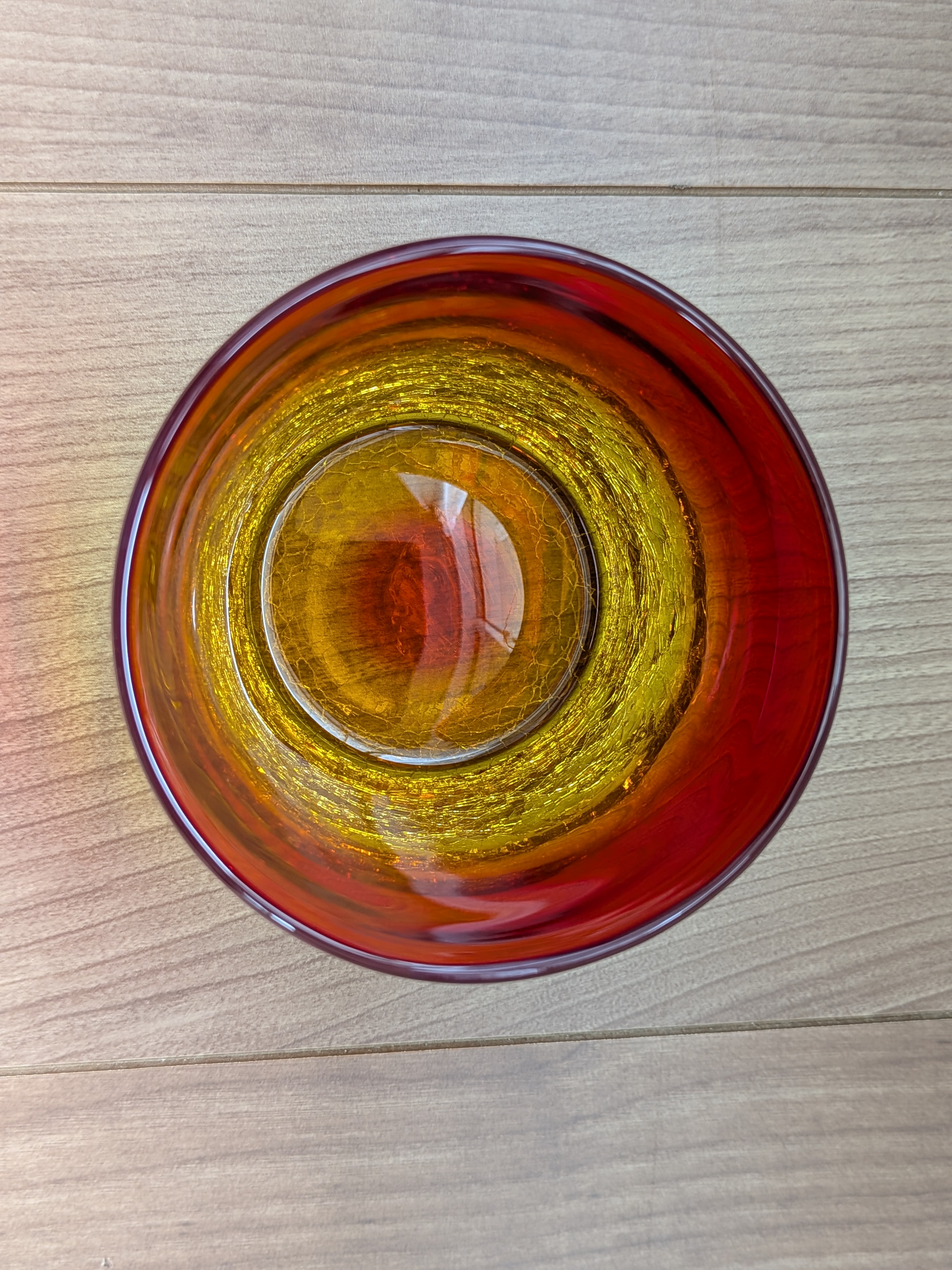 Okinawan Ryukyu Hand-Blown Glass Collection: Inamine Family Studio Artisan Shoichi Inamine (稲嶺 尚), Ruby & Amber Flame Crackle Rock Cup - 宙吹ガラス - thumbnail 2