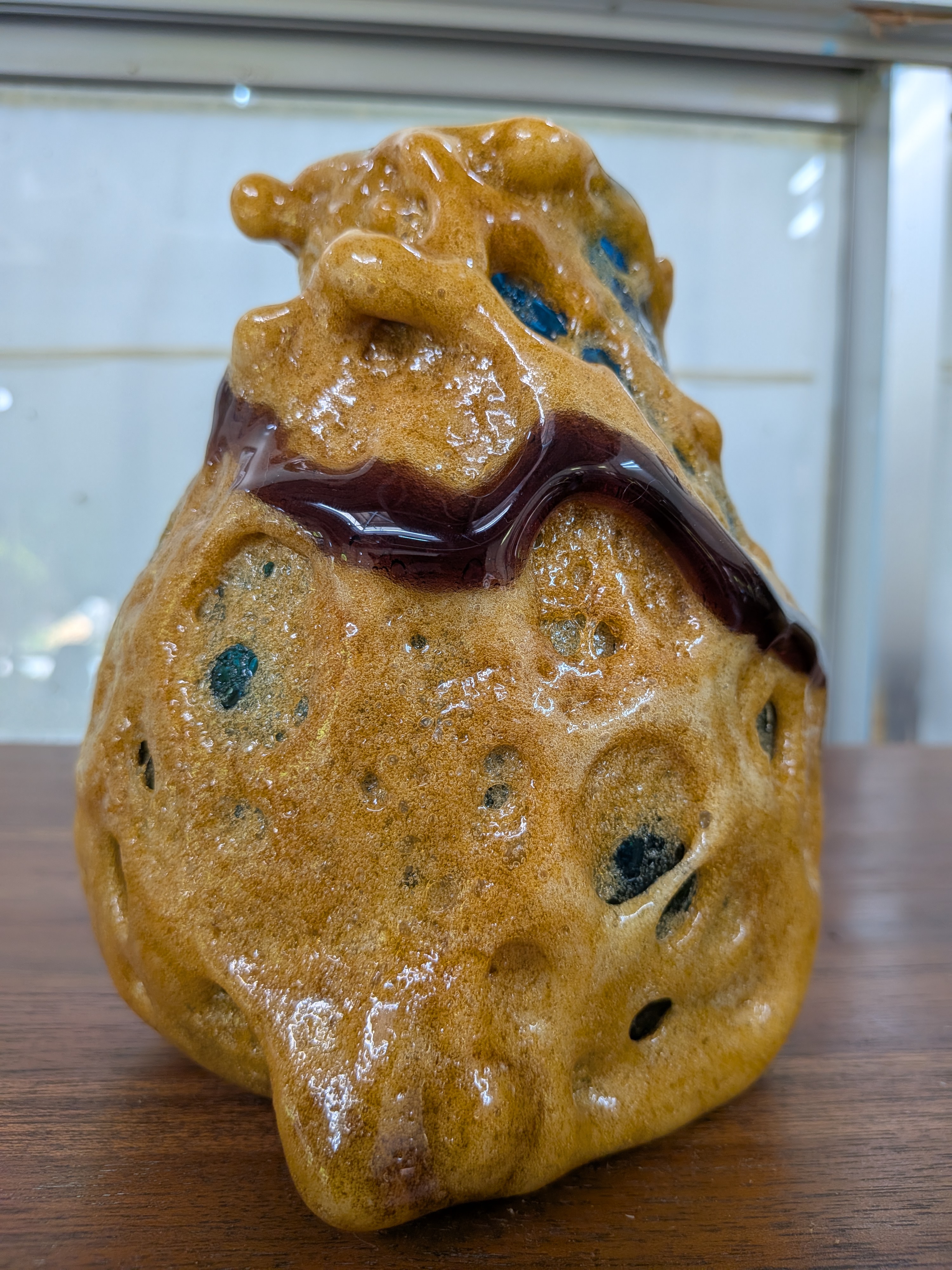 Okinawan Ryukyu Hand-Blown Glass Collection: Master Craftsman Ayumu Inamine (稲嶺 歩) - Golden Ochre, Ocean Blue & Plum Sculptural Glass Vessel (宙吹ガラス) - image 3