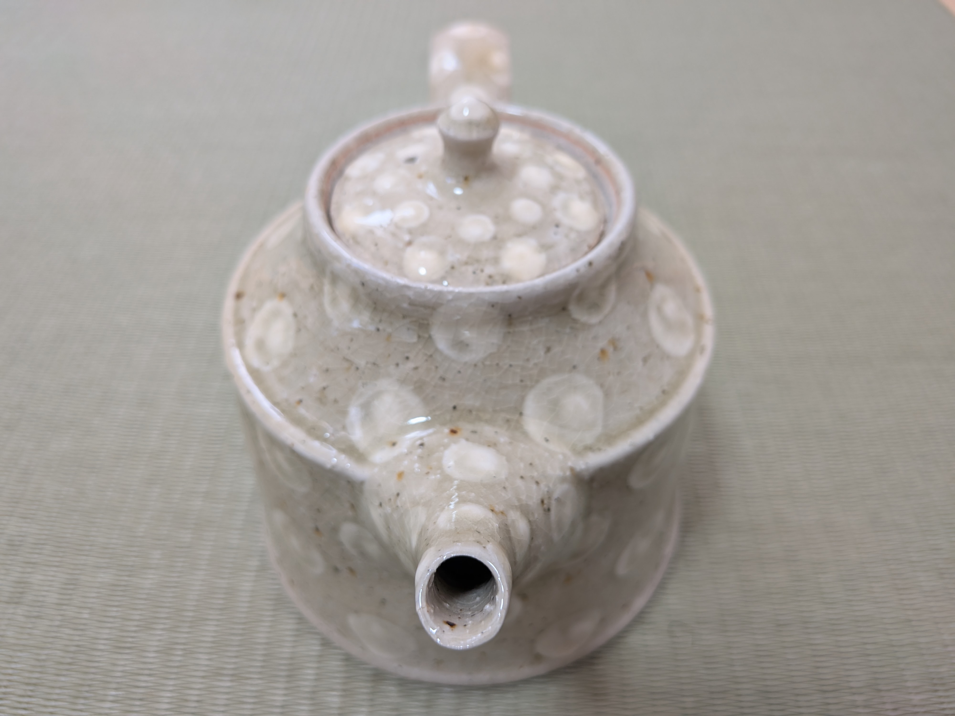 Okinawan Ryukyu Master Yachimun Ceramic Collection: Toubou Makiya Studio - Master Osamu Makiya (真喜屋 修) - Natural Pine-Ash Slip Dot-Pattern Teapot (Matsuhai-yu Tenten Kyūsu / Pot - 松灰釉点打ポット) - thumbnail 2