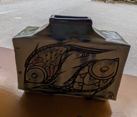 Okinawan Ryukyu Historic Clay Collection: Master Pottery Kinjou Son - Handcrafted Rectangular “Gyomon” Fish-Motif Ceramic Flask / Flower Vase 魚紋角瓶・花器 | Okinawan Yachimun Ceramic Art - image 1