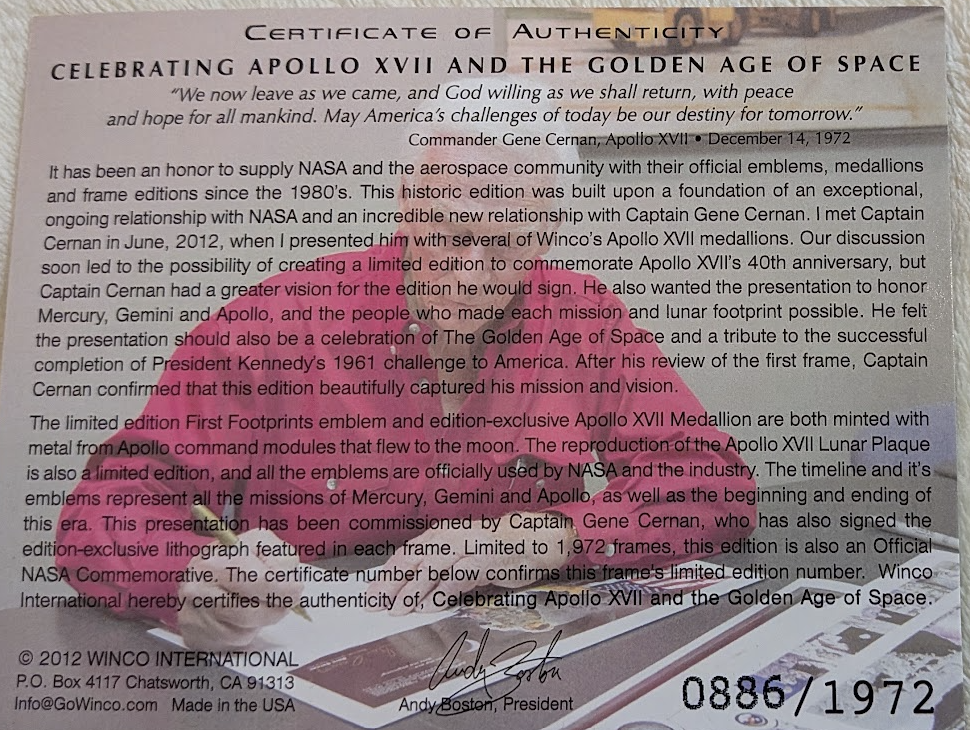 Gene Cernan Signed Photo Display — Apollo 17 XVII: Celebrating the Golden Age of Space Heritage & Historical Collectibles - thumbnail 8