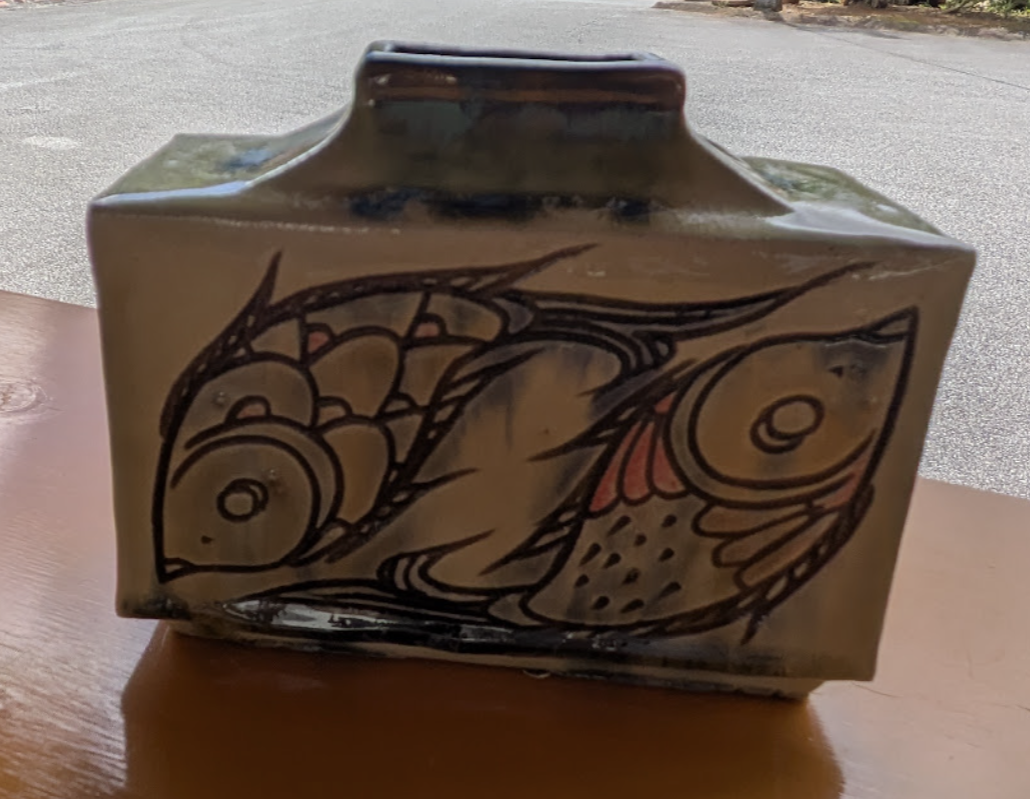 Okinawan Ryukyu Historic Clay Collection: Master Pottery Kinjou Son - Handcrafted Rectangular “Gyomon” Fish-Motif Ceramic Flask / Flower Vase 魚紋角瓶・花器 | Okinawan Yachimun Ceramic Art - image 2