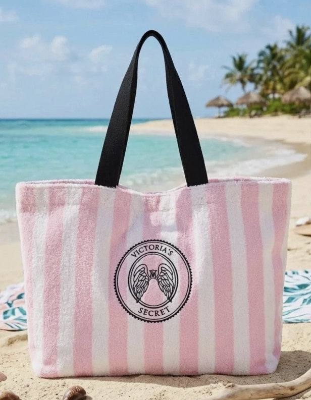 Victoria's Secret Pink & White Striped Terry Cloth Beach Tote Bag - image 1