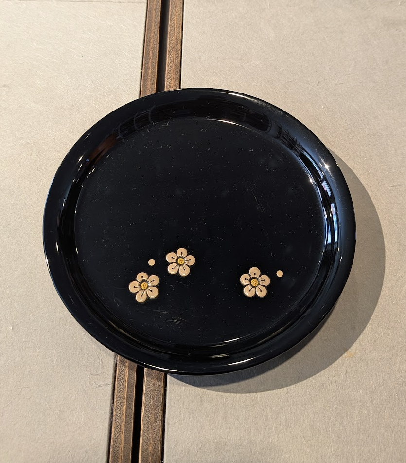 Okinawan Ryukyu Lacquerware Collection: Kakuman Fine Lacquerware, Handcrafted Black Urushi & Sculpted Gold Blossom Small Dish / Coaster - thumbnail 1