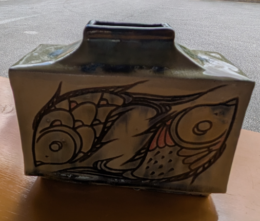 Okinawan Ryukyu Historic Clay Collection: Master Pottery Kinjou Son - Handcrafted Rectangular “Gyomon” Fish-Motif Ceramic Flask / Flower Vase 魚紋角瓶・花器 | Okinawan Yachimun Ceramic Art - thumbnail 2