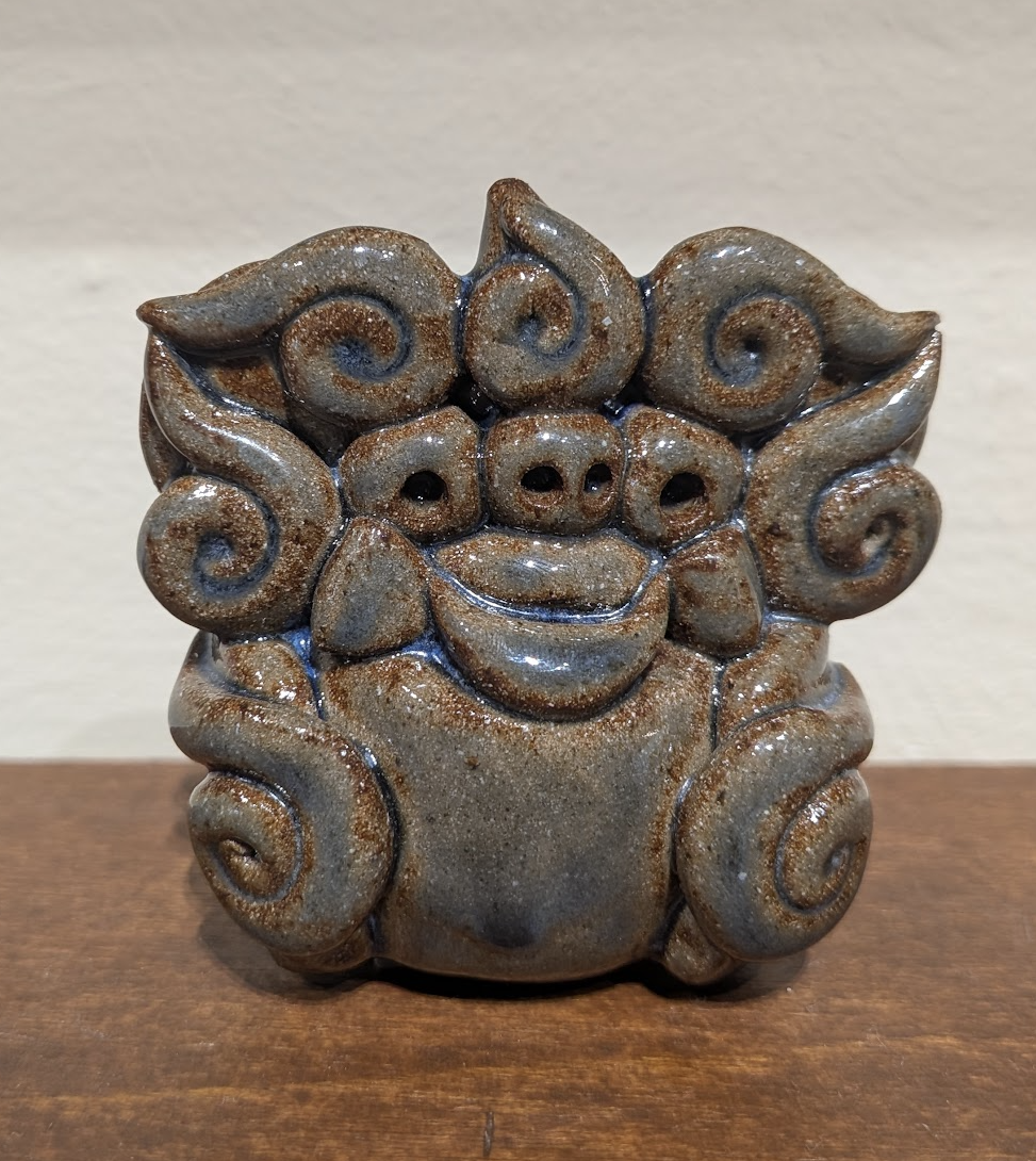 Okinawan Ryukyu Yachimun Collection: Female Artisan Kyoko Miyagi (宮城 京子) - Handcrafted Whimsical Blue-Slate Glazed Shisa Guardian Pair (シーサー) - thumbnail 4