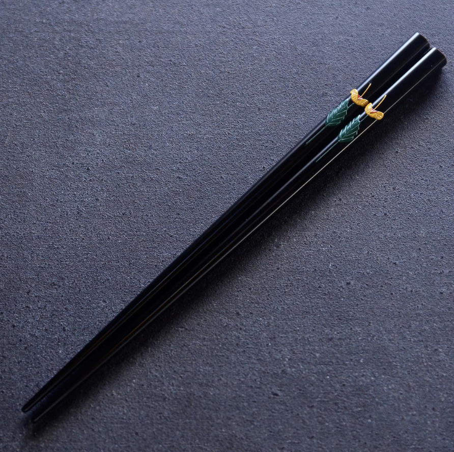 Okinawan Ryukyu Naha Lacquerware Collection: Kakuman Fine Lacquerware, Handcrafted Black Urushi Sculpted Floral Chopsticks - thumbnail 1