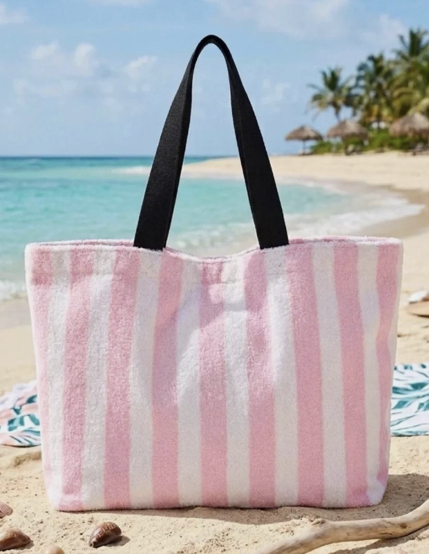 Victoria's Secret Pink & White Striped Terry Cloth Beach Tote Bag - thumbnail 2