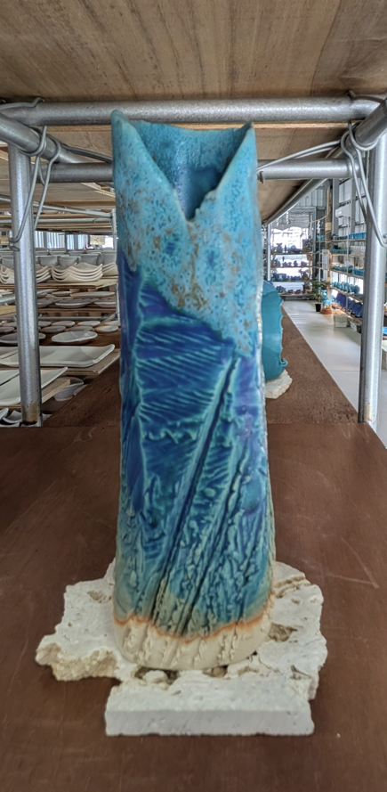 Uruma Pottery Studio (Sato Shinji): Hand-Carved "Uruma Blue" Ceramic Vessel: Sculptural Ikebana Vase  - thumbnail 1