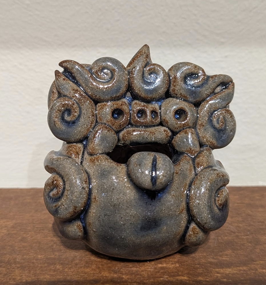 Okinawan Ryukyu Yachimun Collection: Female Artisan Kyoko Miyagi (宮城 京子) - Handcrafted Whimsical Blue-Slate Glazed Shisa Guardian Pair (シーサー) - thumbnail 3